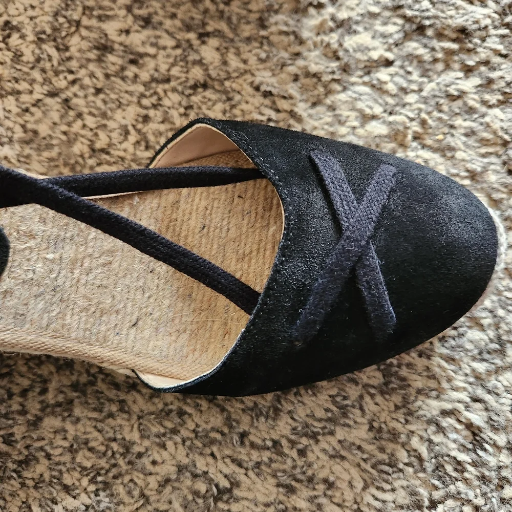 Free People Black Espadrille Wedge Sandals with Natural Rope Heel